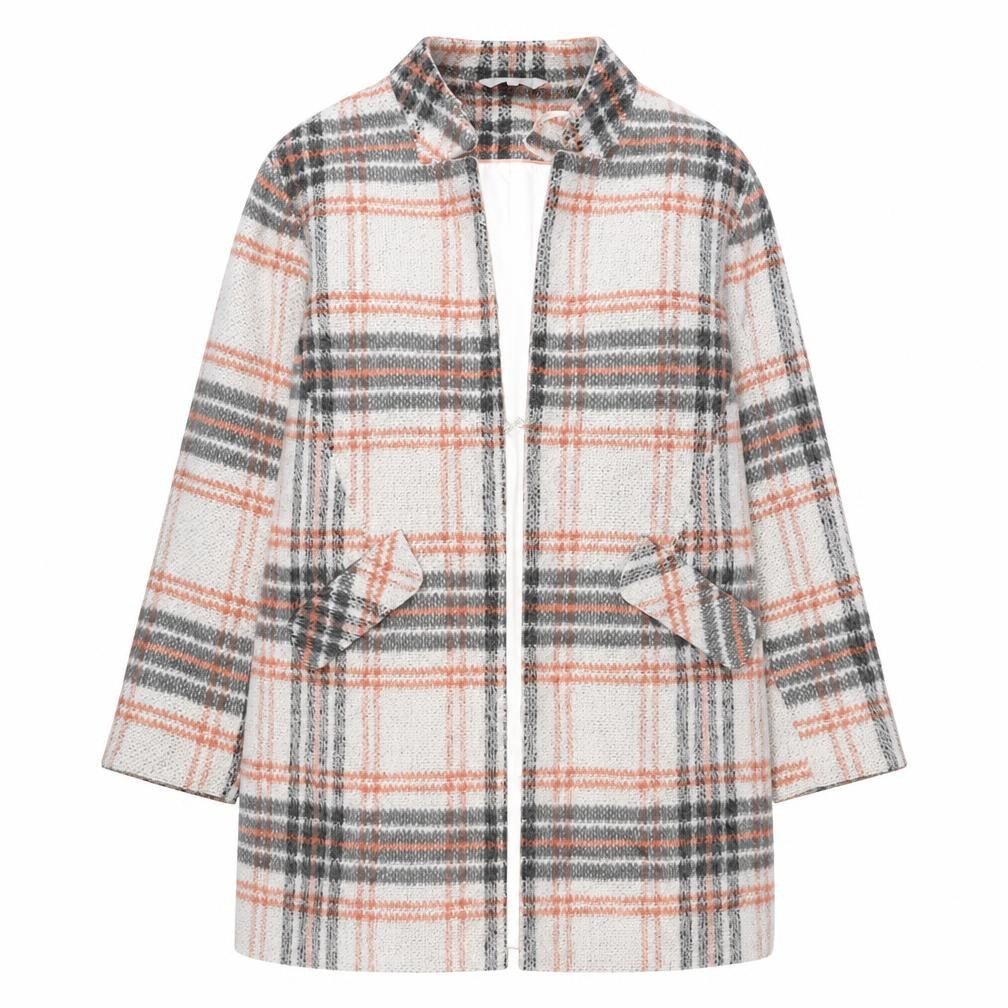 Front view of Red Herring women’s multicoloured plaid overcoat coat, size UK 18, hook & eye