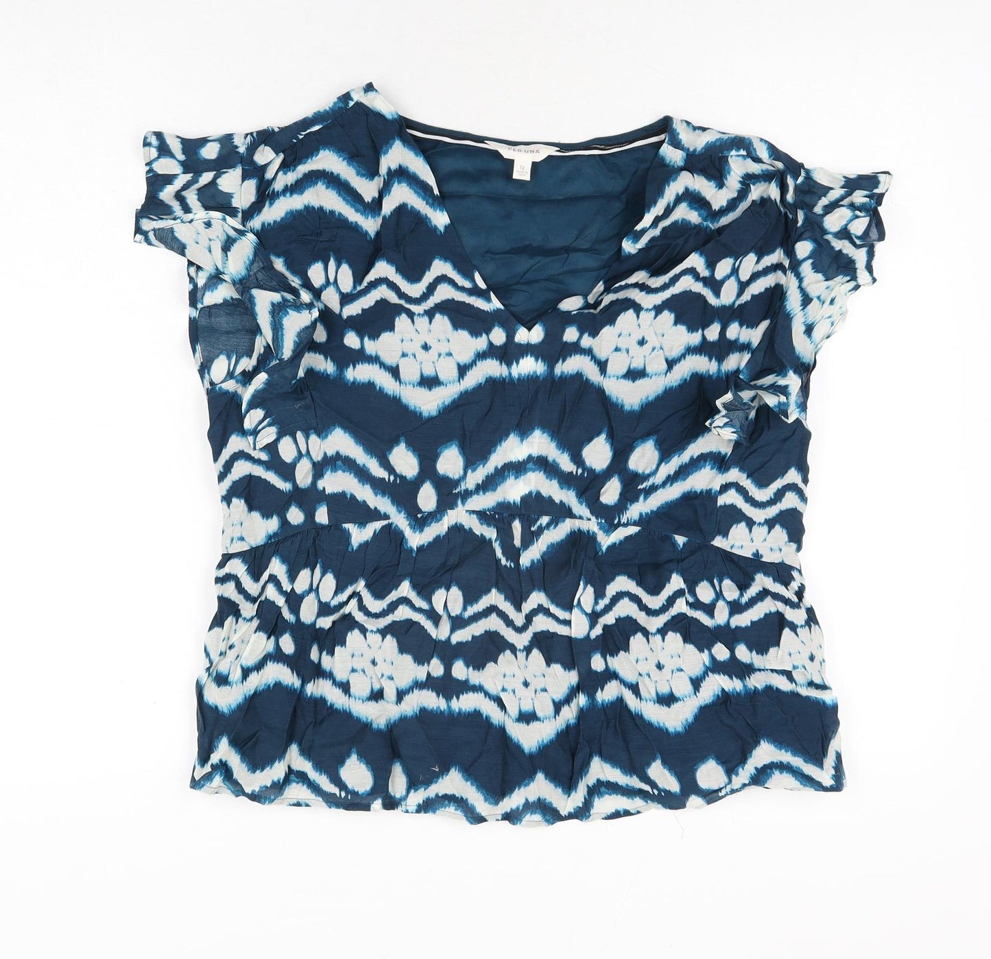 Per Una Womens Blue Geometric Cupro Basic Blouse Size 12 V-Neck - Frill