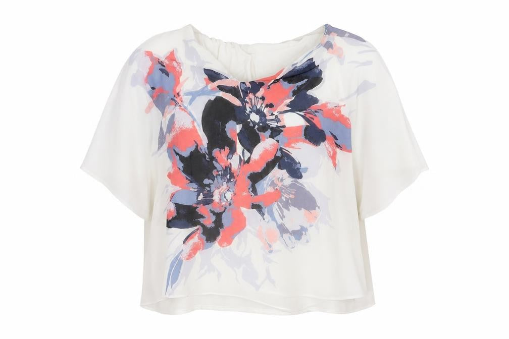 Front view of Roman women’s white polyester basic blouse, size UK 10, v-neck - floral print