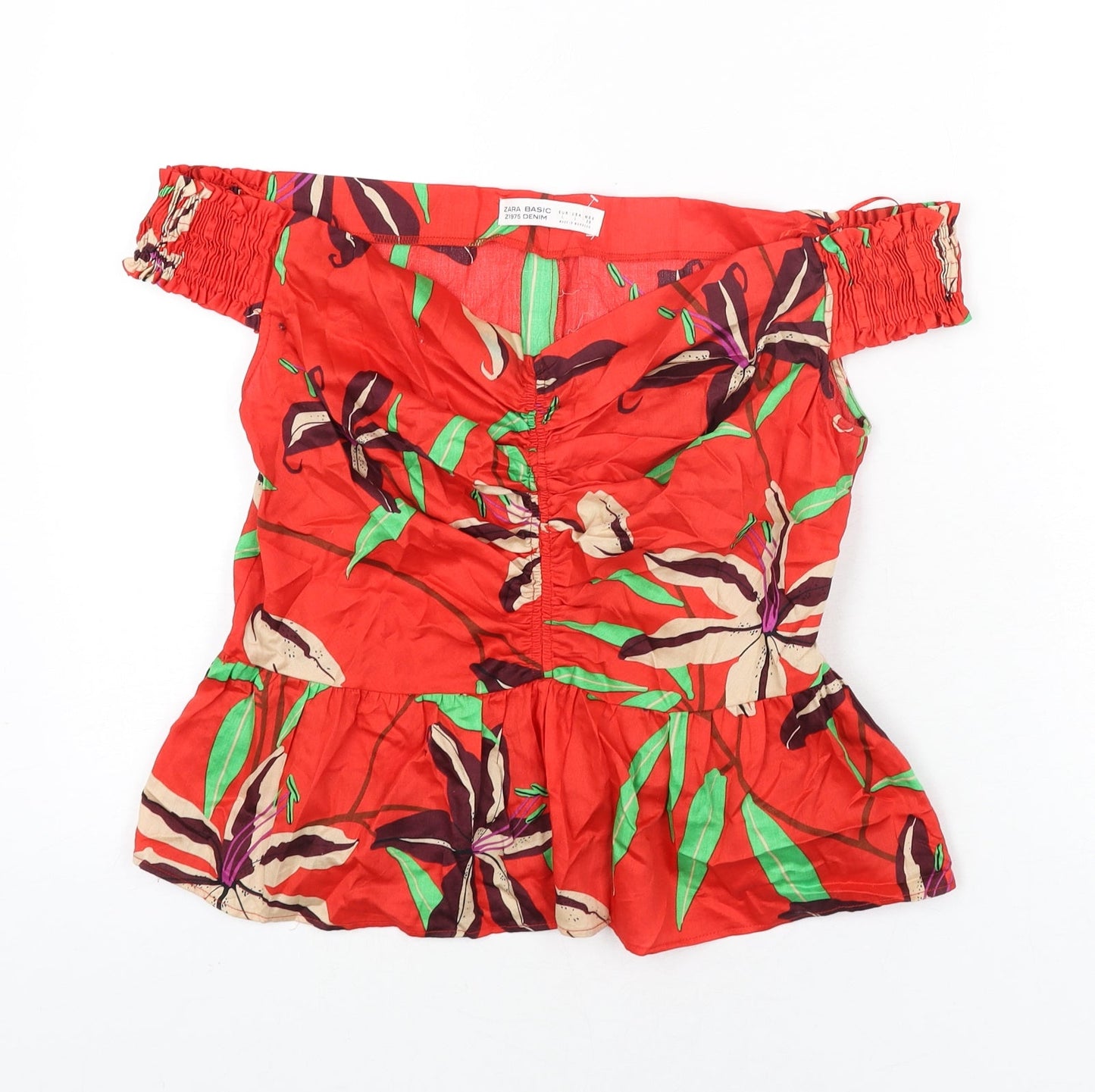 Zara Womens Red Floral Polyester Basic Blouse Size L Sweetheart - Off Shoulder Peplum Rouched