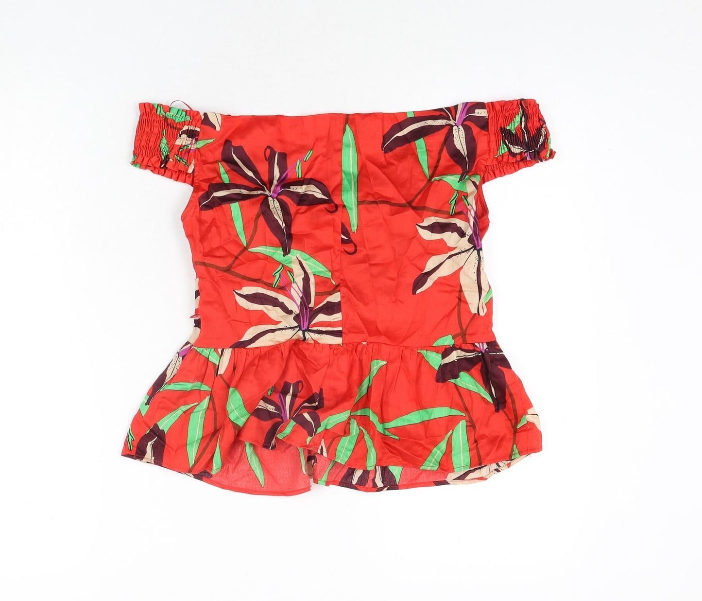Zara Womens Red Floral Polyester Basic Blouse Size L Sweetheart - Off Shoulder Peplum Rouched