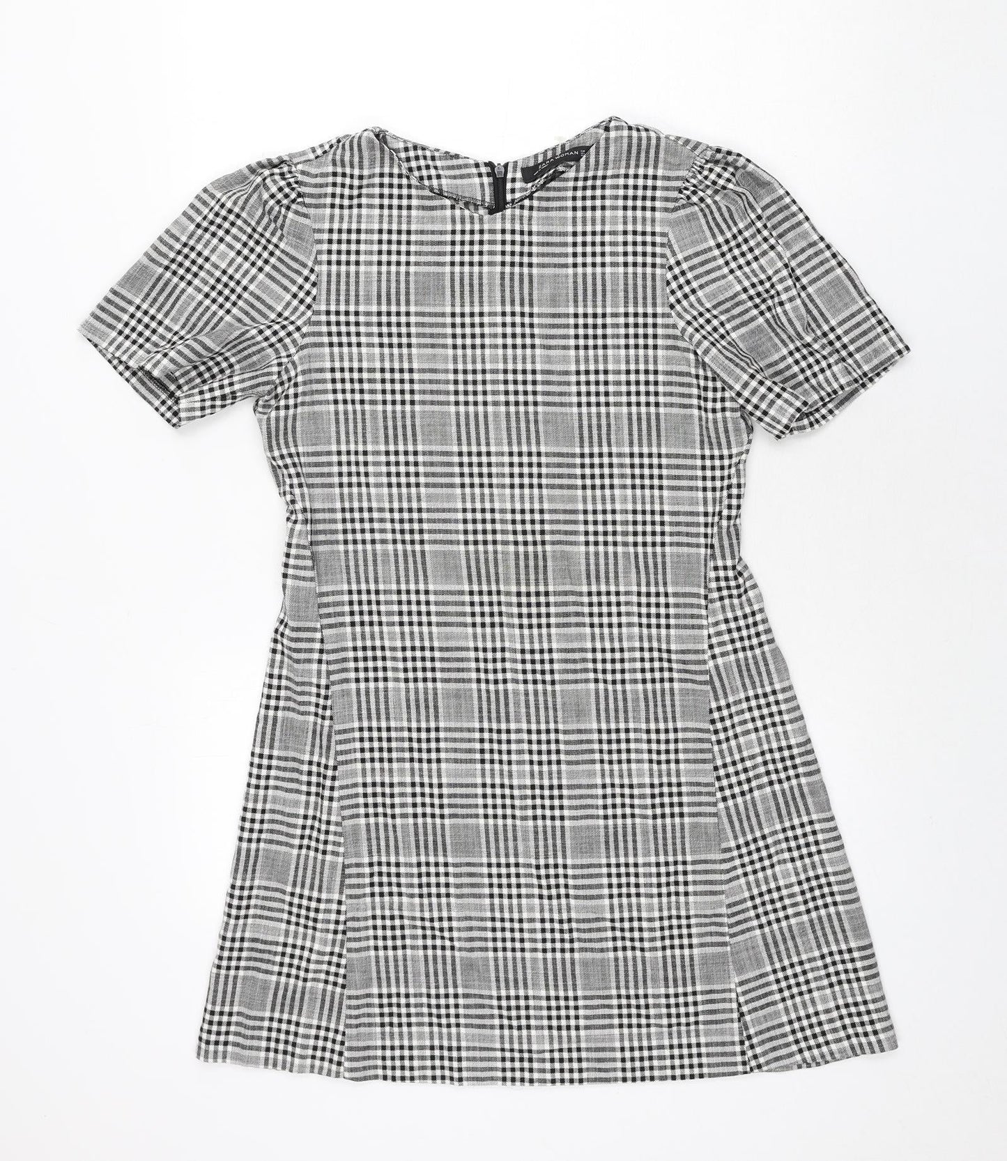 Zara Womens Grey Check Polyester A-Line Size S Round Neck Zip
