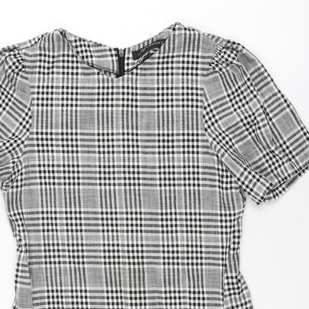 Zara Womens Grey Check Polyester A-Line Size S Round Neck Zip