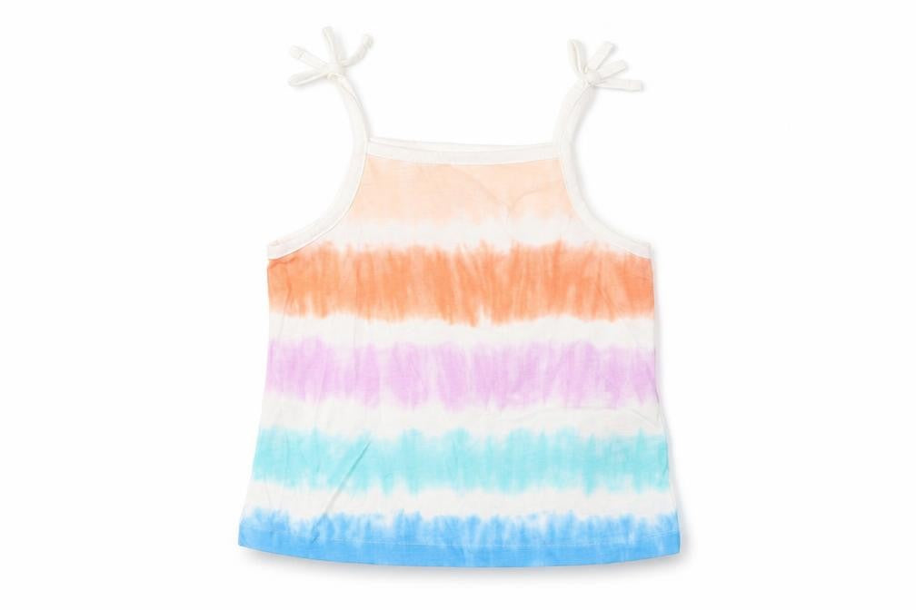 Front view of Marks & Spencer girls’ multicoloured striped cotton cropped tank, size 3-4, years square neck pullover