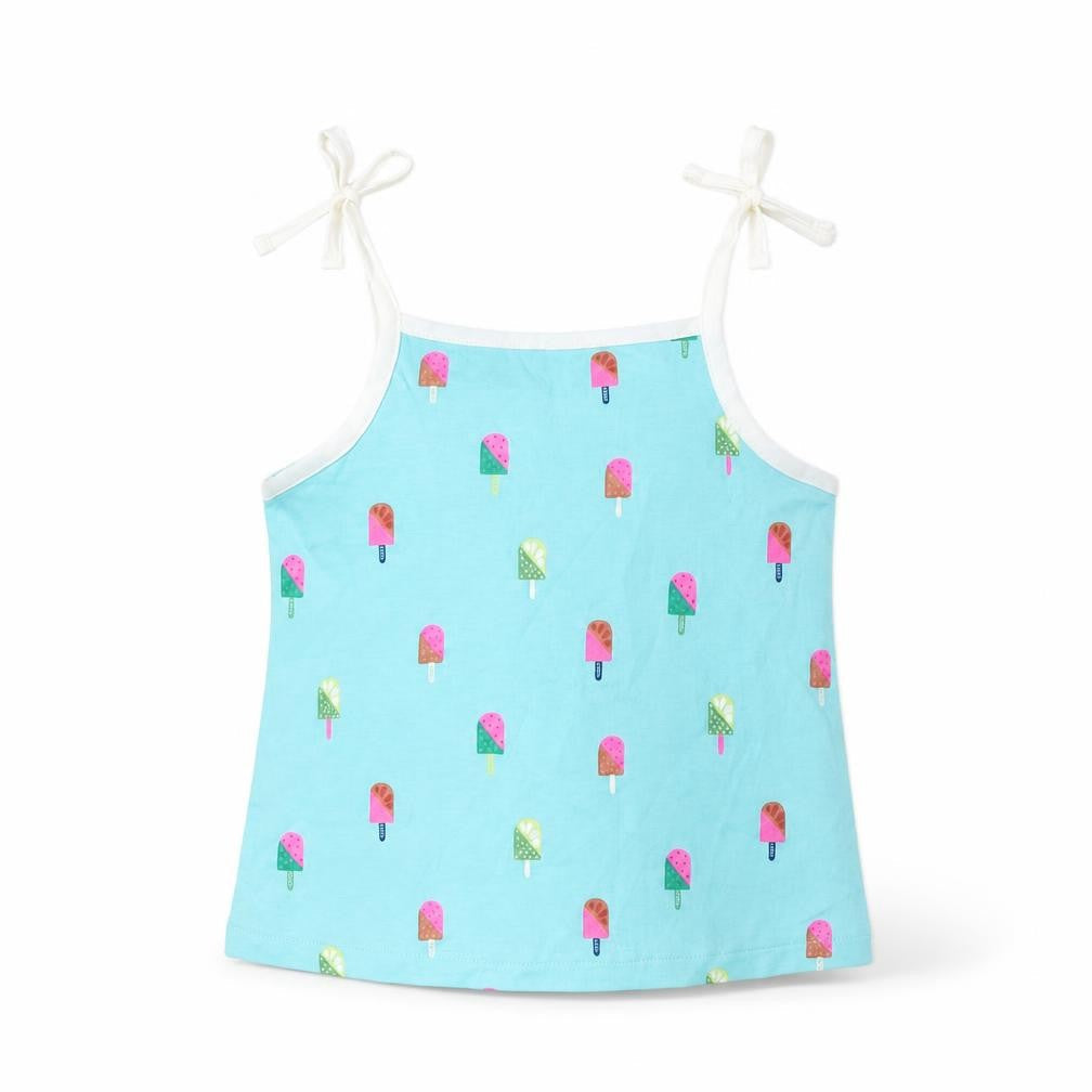 Front view of Marks & Spencer girls’ blue geometric cotton cropped tank, years square neck pullover - ice lolly print