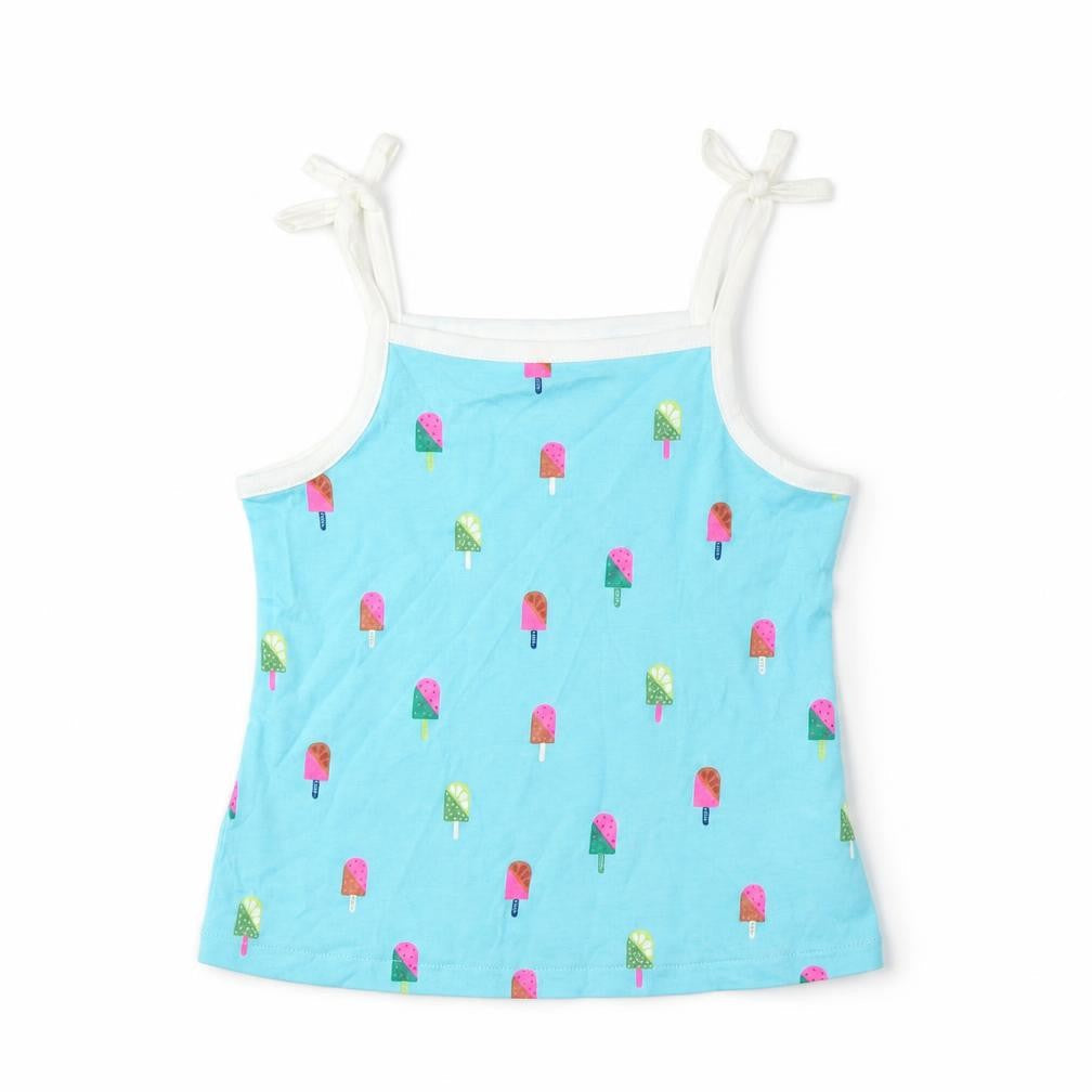 Front view of Marks & Spencer girls’ blue geometric cotton cropped tank, size 3-4, years square neck pullover