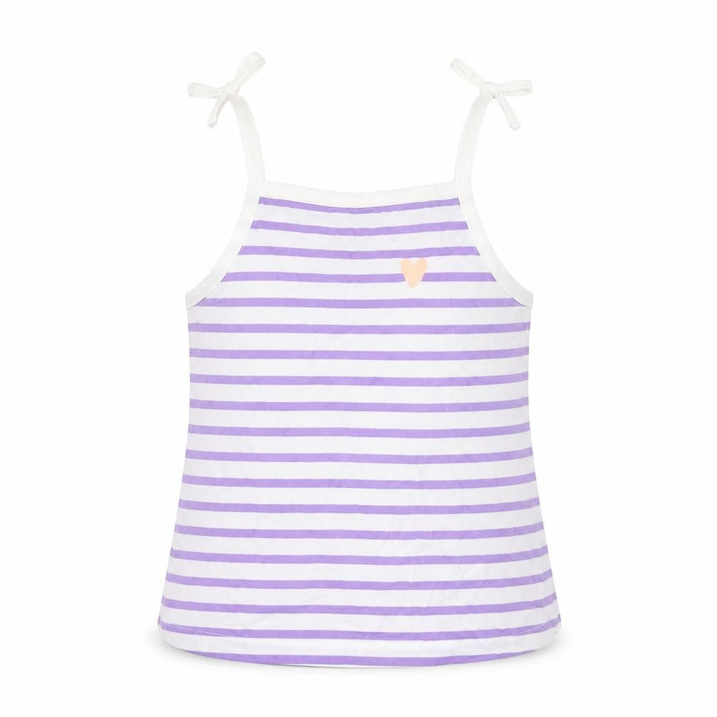 Front view of Marks & Spencer girls’ purple striped cotton cropped tank, years square neck pullover - embroidered, heart