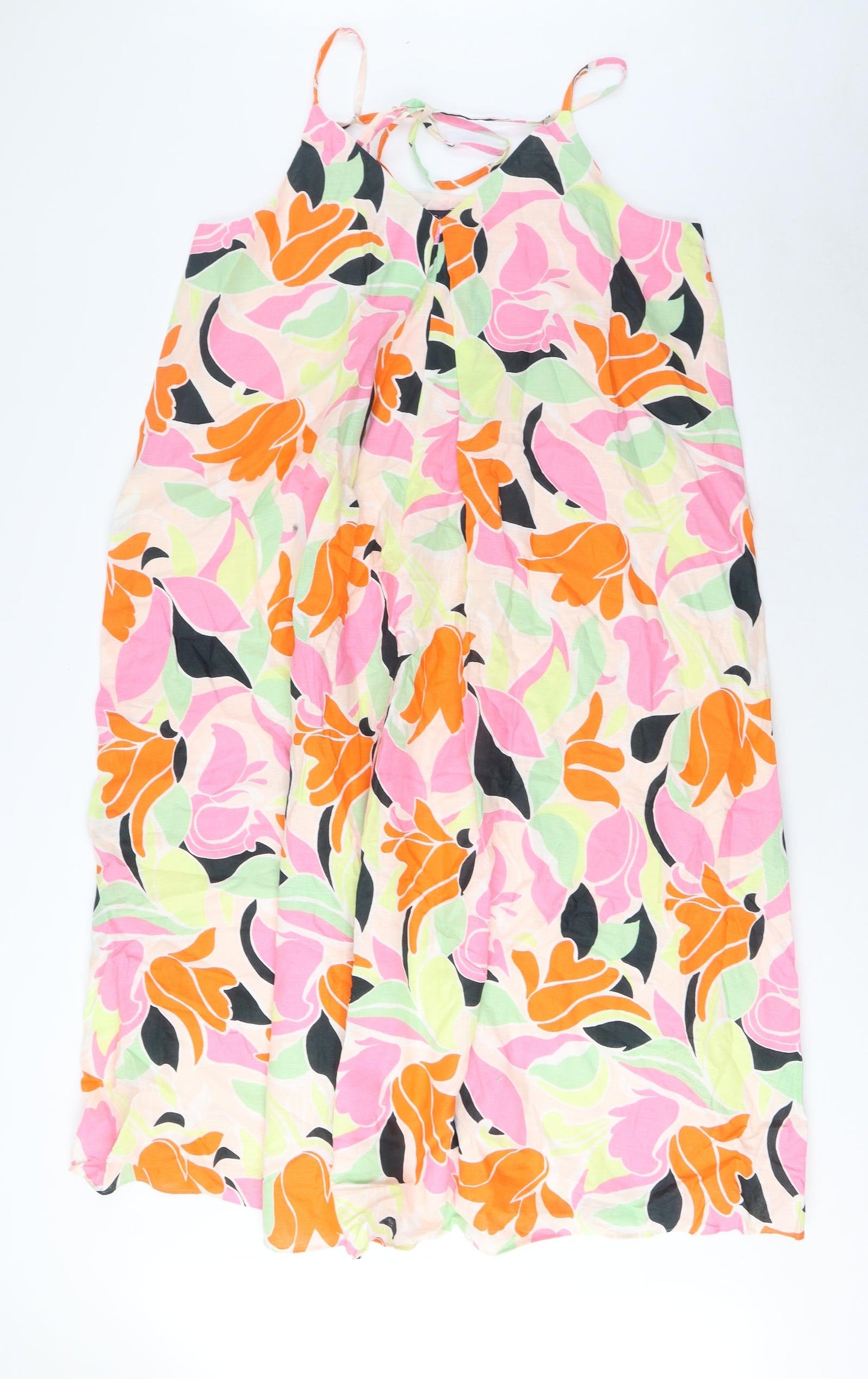 Marks and Spencer Womens Multicoloured Geometric Linen A-Line Size 14 V-Neck Pullover - Pleated