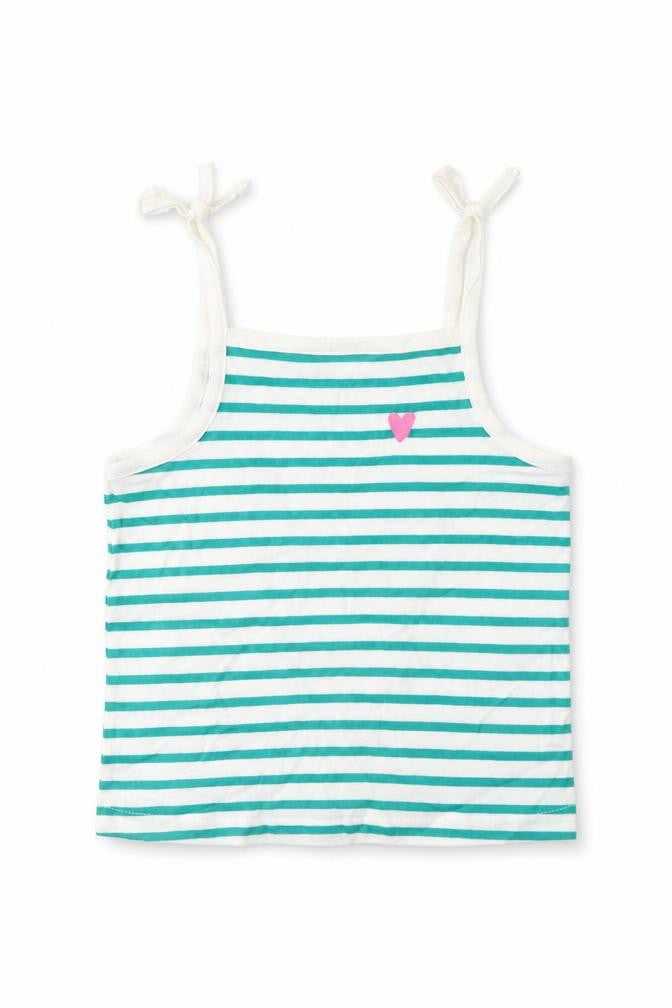 Front view of Marks & Spencer girls’ green striped cotton cropped tank, years square neck pullover - embroidered, heart
