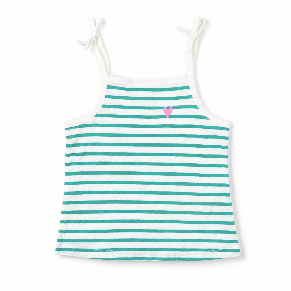 Front view of Marks & Spencer girls’ green striped cotton cropped tank, size 2-3, years square neck pullover