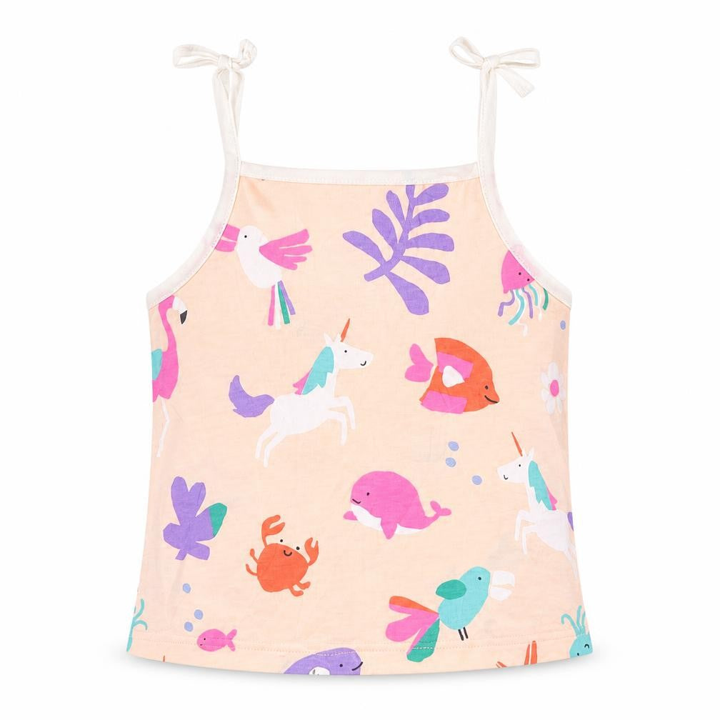 Front view of Marks & Spencer girls’ beige geometric cotton cropped tank, size 2-3, years square neck pullover