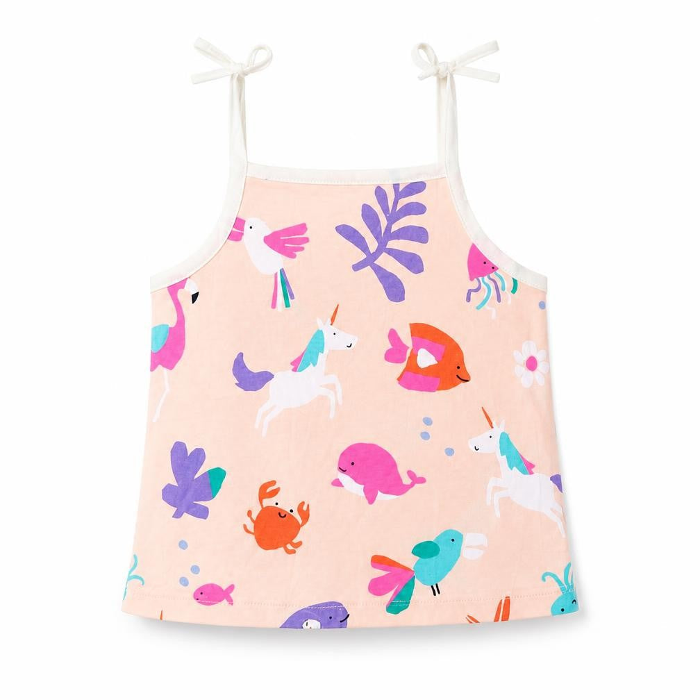 Front view of Marks & Spencer girls’ beige geometric cotton cropped tank, size 2-3, years square neck pullover