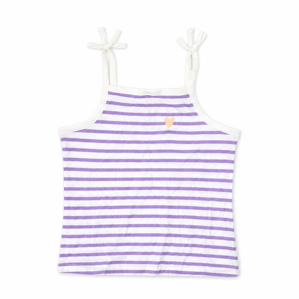 Front view of Marks & Spencer girls’ purple striped cotton cropped tank, years square neck pullover - embroidered, heart