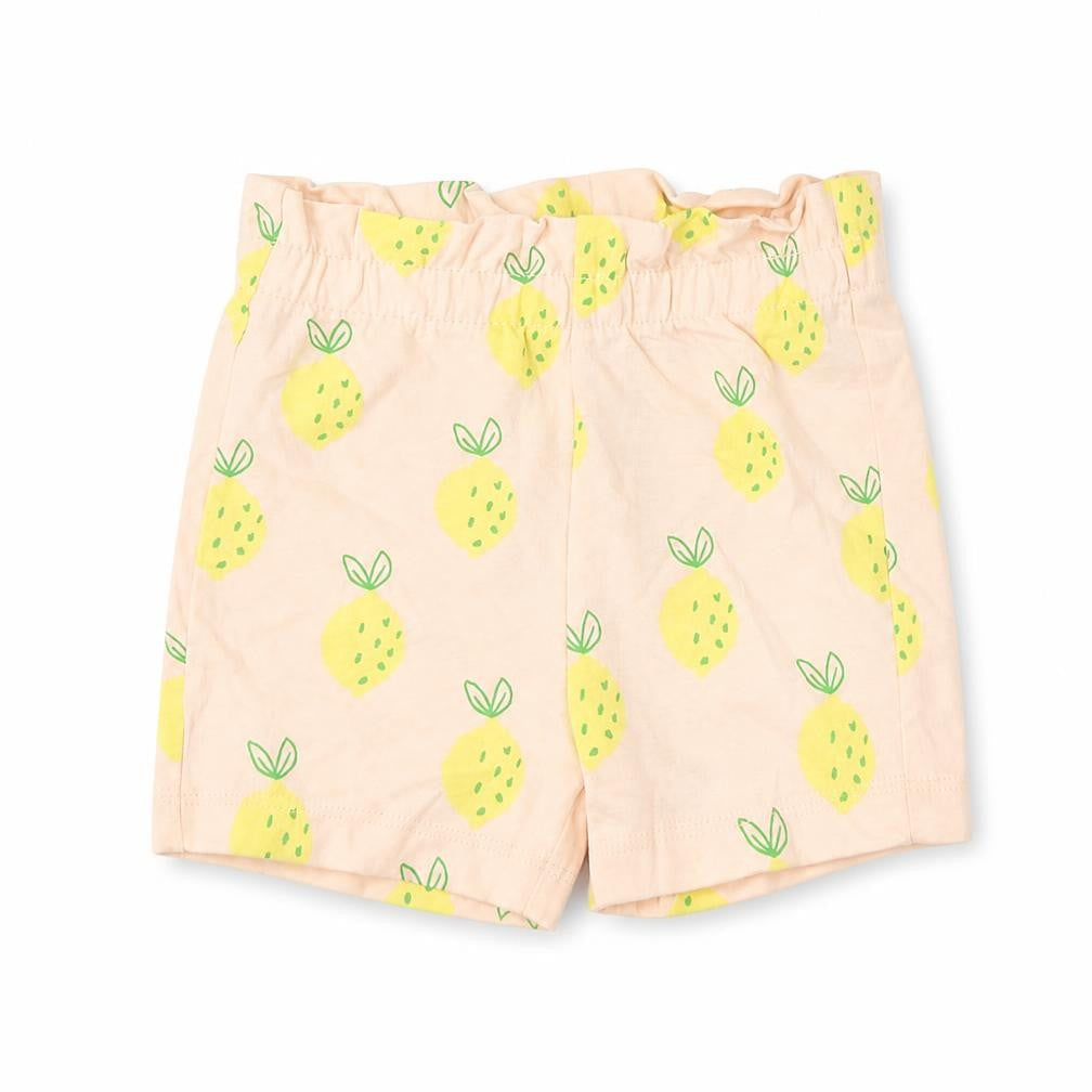 Front view of Marks & Spencer girls’ pink geometric cotton cropped trousers, size 3-6, months pullover - lemon print