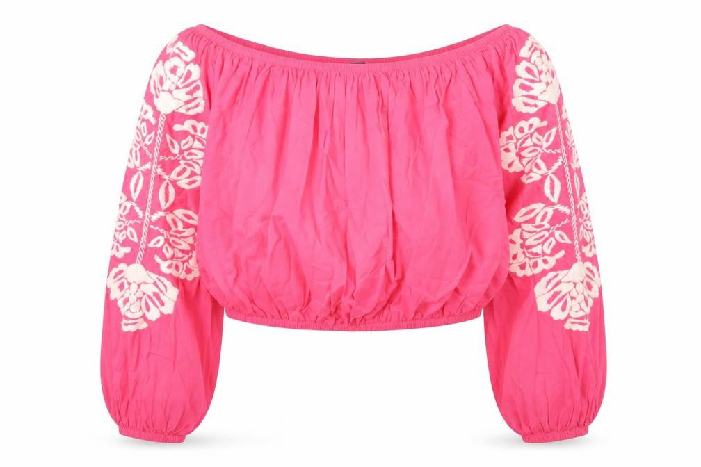 Marks and Spencer Womens Pink Cotton Cropped Blouse Size 18 Scoop Neck - Embroidered