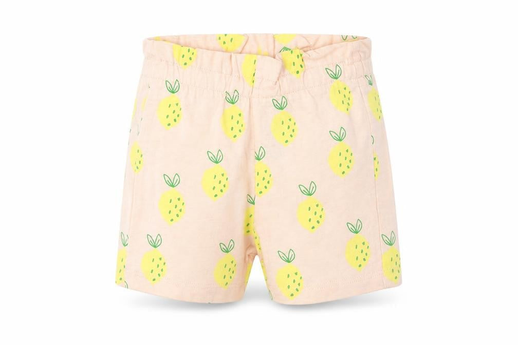 Front view of Marks & Spencer girls’ pink geometric cotton cropped trousers, size 6-9, months pullover - lemon print