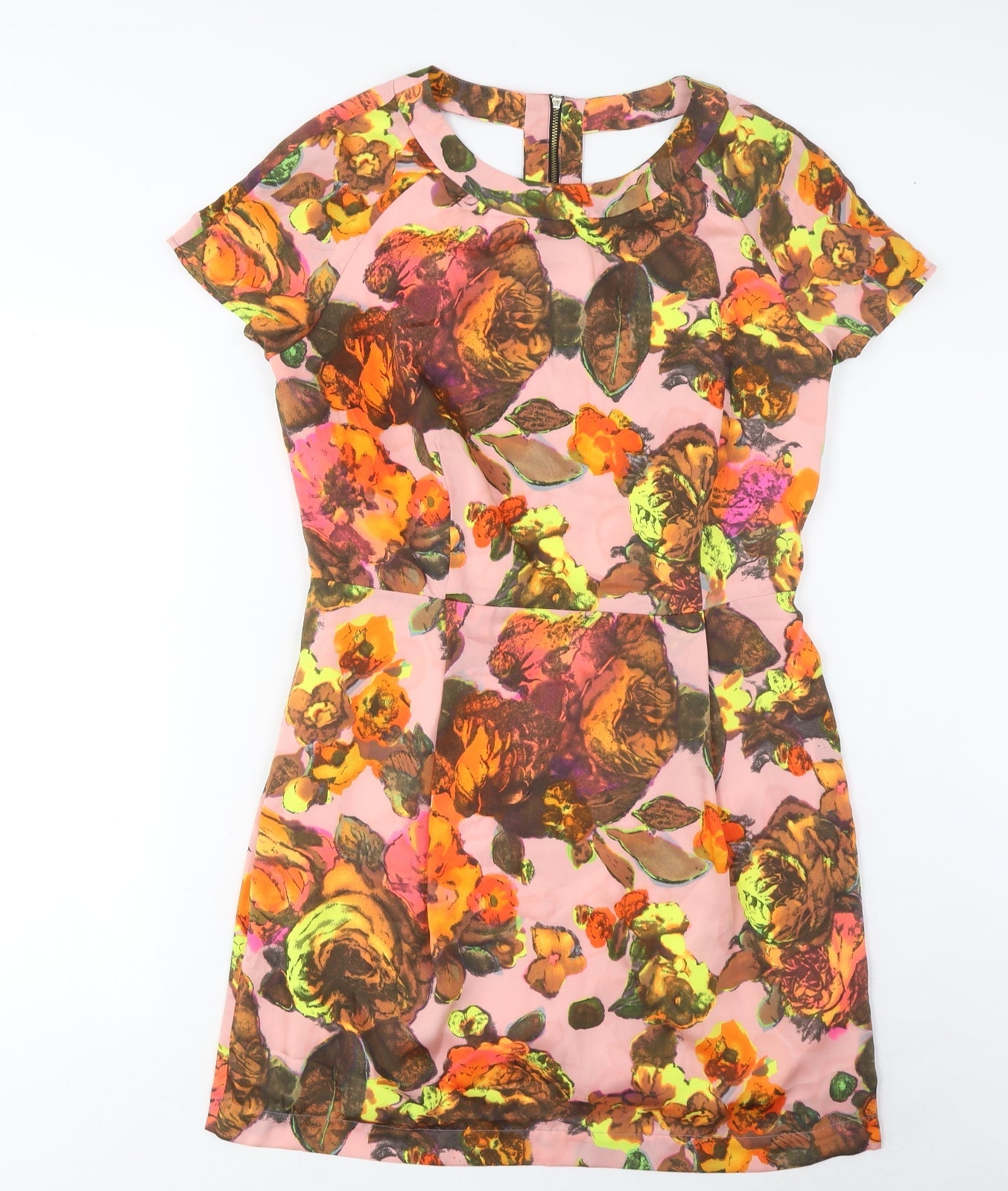 Topshop Womens Multicoloured Geometric Polyester Sheath Size 10 Boat Neck Zip - Pleated