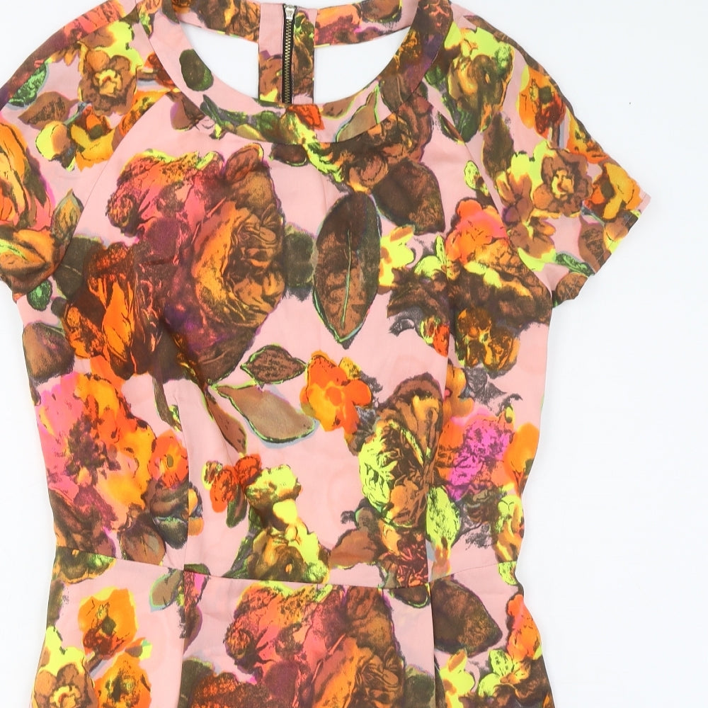 Topshop Womens Multicoloured Geometric Polyester Sheath Size 10 Boat Neck Zip - Pleated