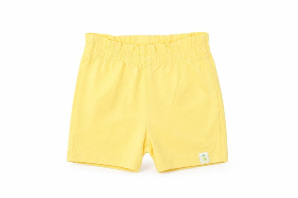 Front view of Marks & Spencer girls’ yellow cotton cropped trousers, size 6-9, months pullover - lemon