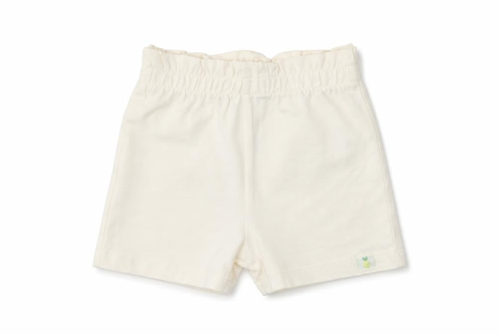 Front view of Marks & Spencer girls’ beige cotton cropped trousers, size 3-6, months pullover - lemon