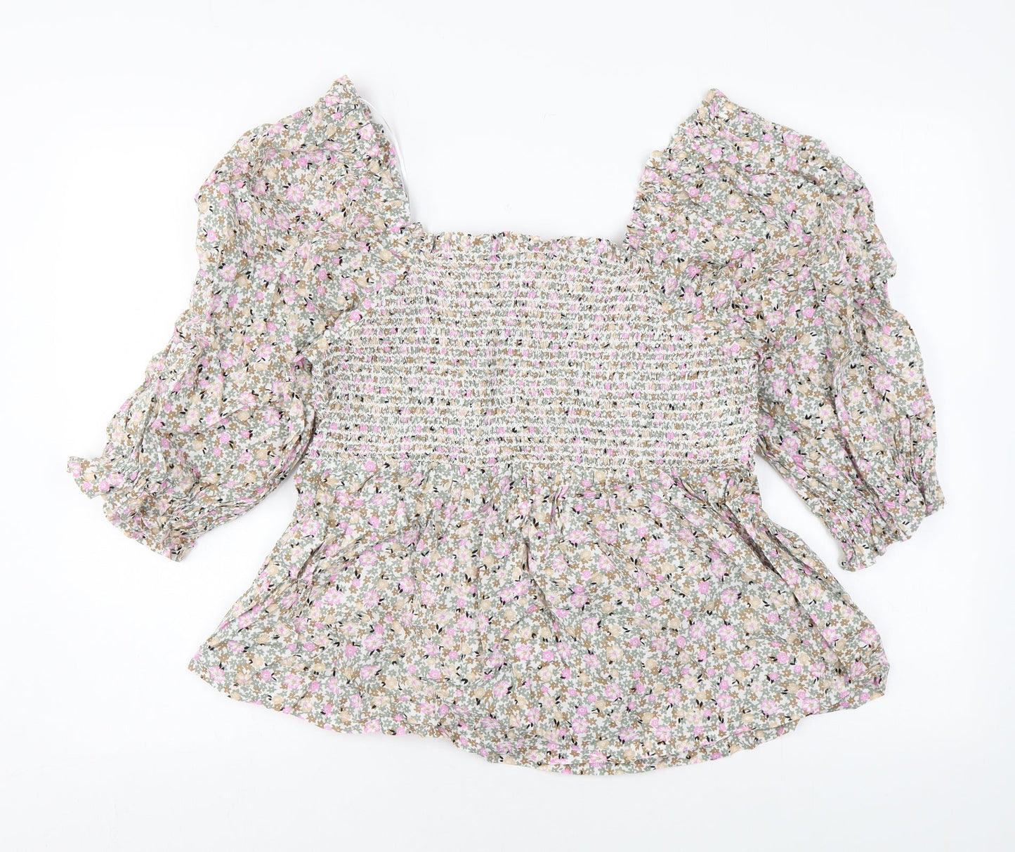 Marks and Spencer Womens Multicoloured Floral Cotton Basic Blouse Size 14 Square Neck