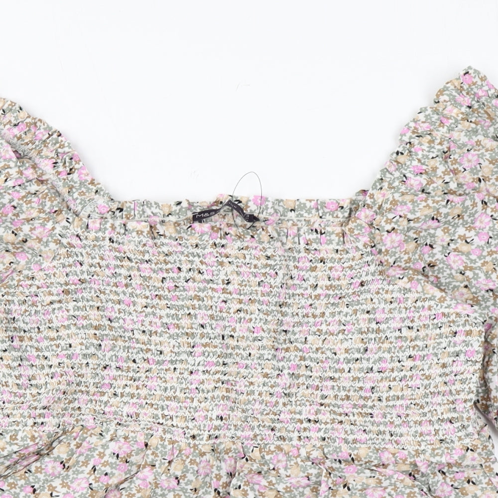 Marks and Spencer Womens Multicoloured Floral Cotton Basic Blouse Size 14 Square Neck