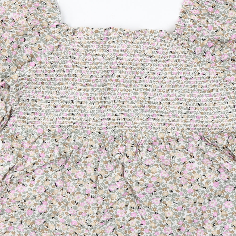 Marks and Spencer Womens Multicoloured Floral Cotton Basic Blouse Size 14 Square Neck