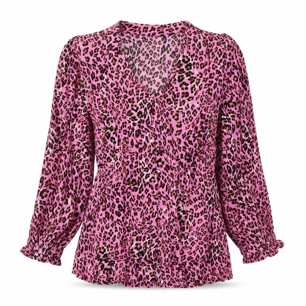 Marks and Spencer Womens Pink Animal Print Viscose Basic Button-Up Size 10 V-Neck