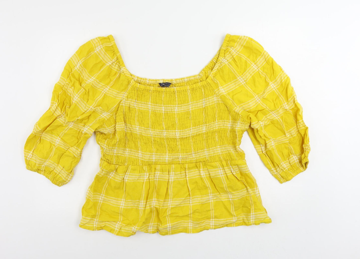 Marks and Spencer Womens Yellow Plaid Linen Basic Blouse Size 18 Square Neck - Shirred