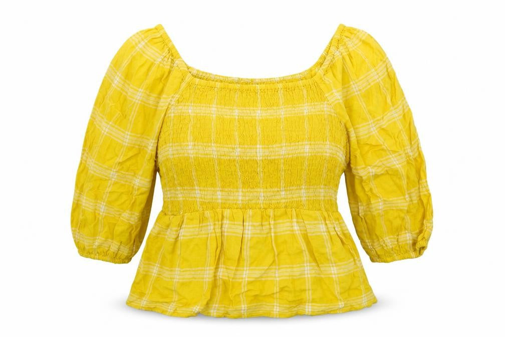Marks and Spencer Womens Yellow Plaid Linen Basic Blouse Size 18 Square Neck - Shirred