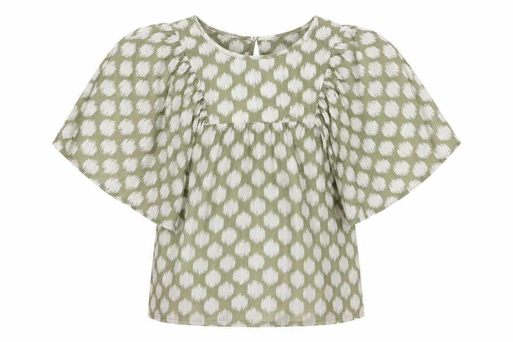 Marks and Spencer Womens Green Geometric Cotton Basic Blouse Size 6 Round Neck
