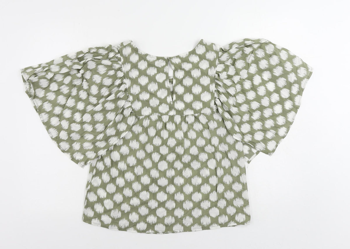 Marks and Spencer Womens Green Geometric Cotton Basic Blouse Size 6 Round Neck
