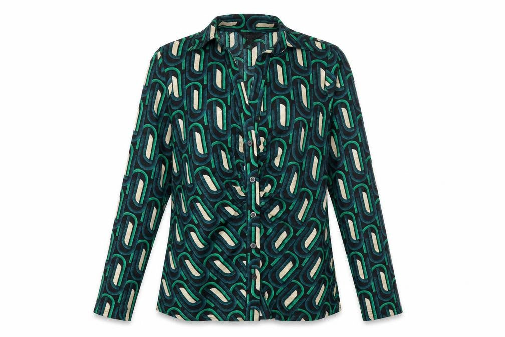 New Look Womens Green Geometric Polyester Basic Button-Up Size 6 Collared