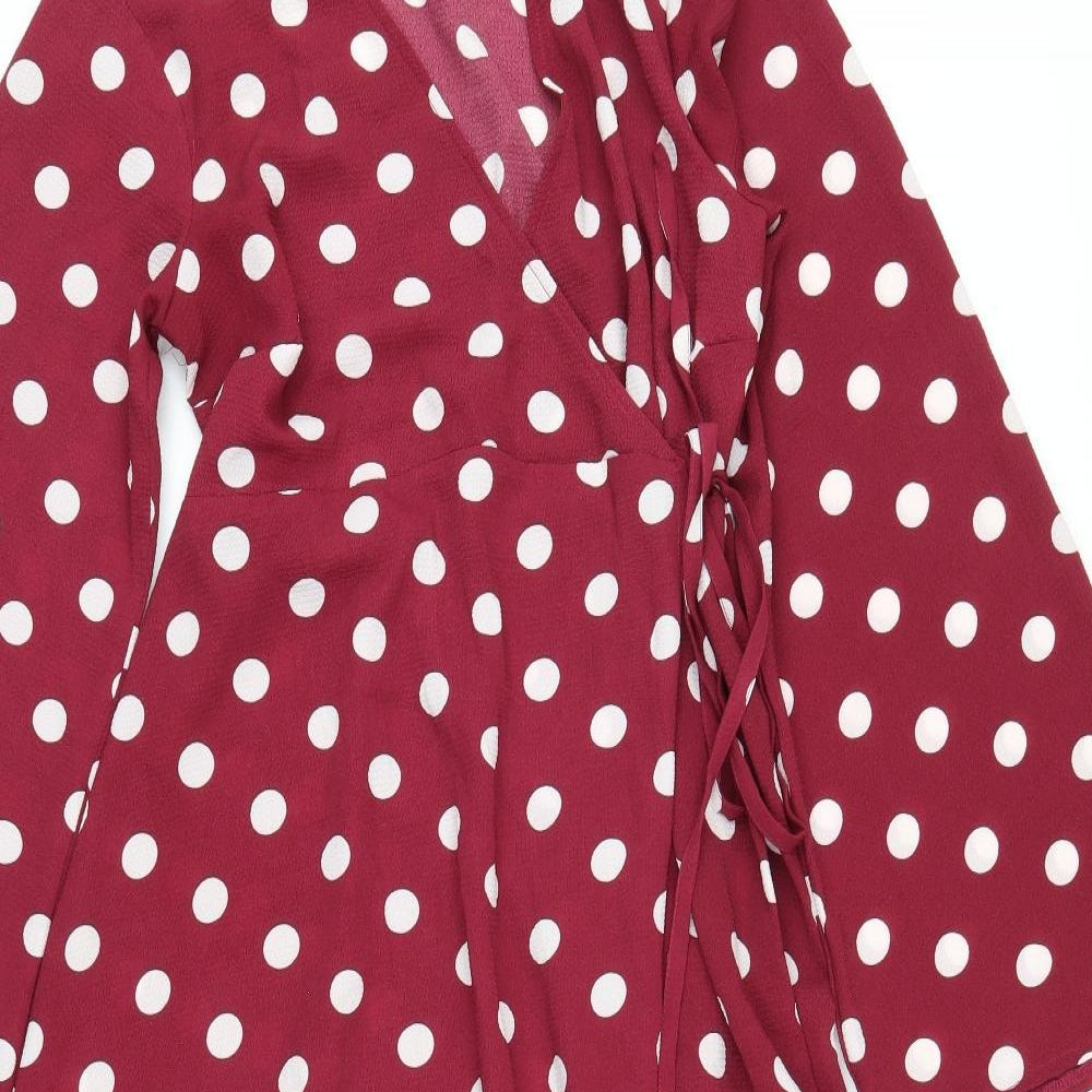 New Look Womens Purple Polka Dot Polyester Wrap Dress Size 8 V-Neck Tie