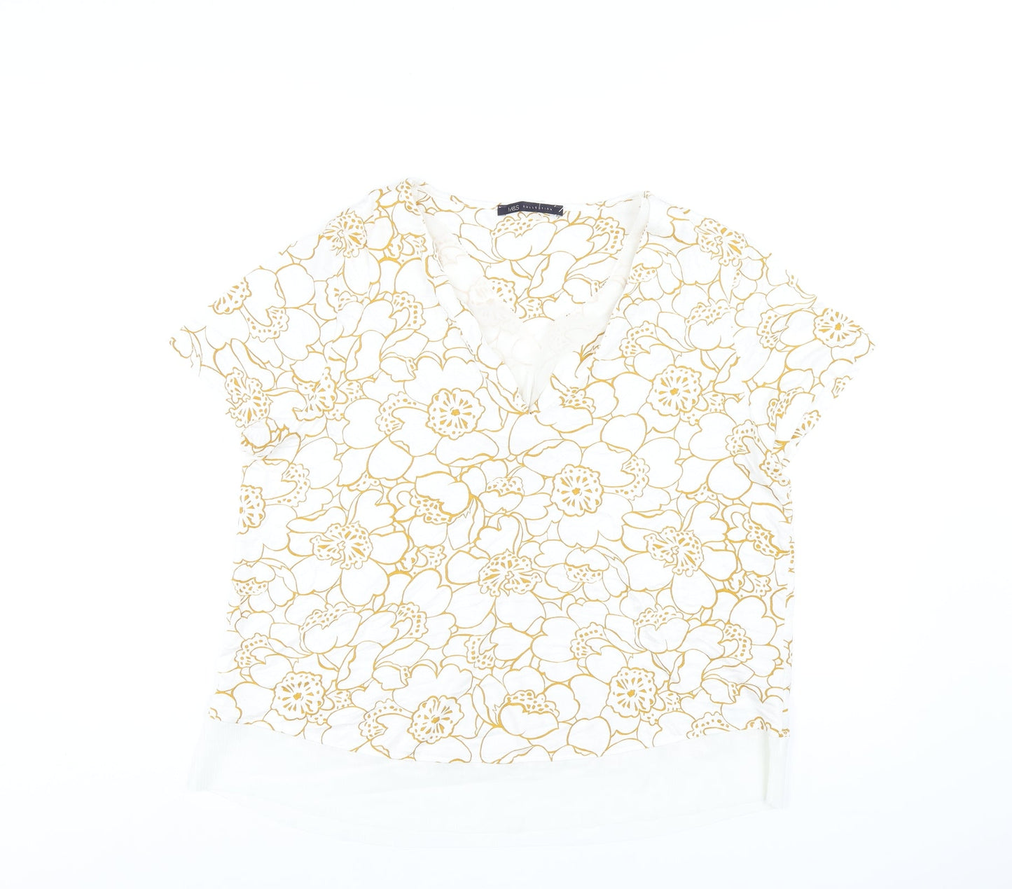 Marks and Spencer Womens White Geometric Viscose Basic T-Shirt Size 14 V-Neck