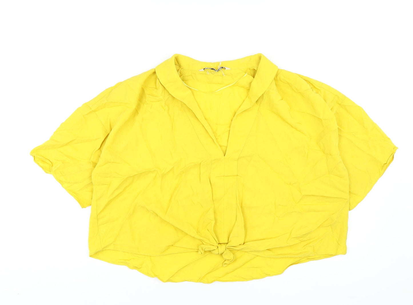 Zara Womens Yellow Viscose Basic T-Shirt Size M V-Neck