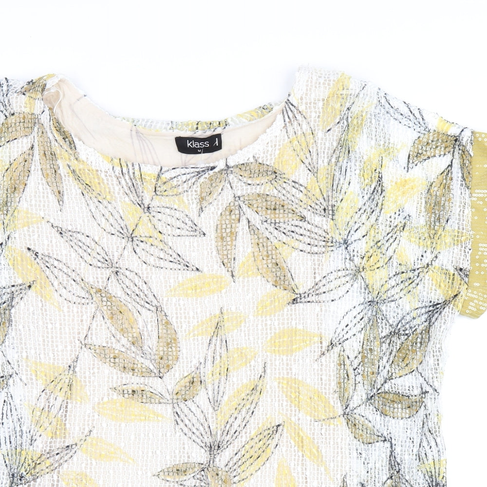 Klass Womens Yellow Floral Polyester Basic T-Shirt Size M Round Neck