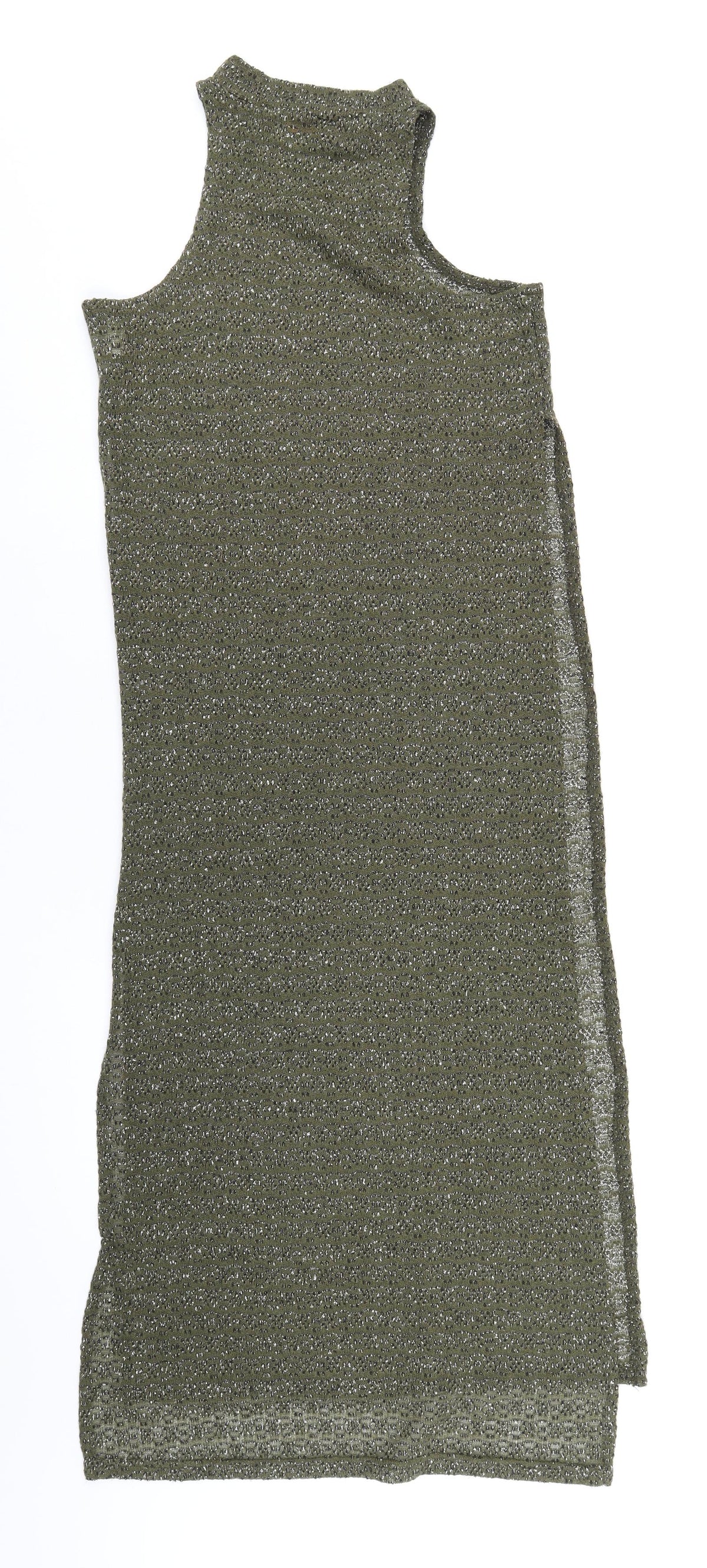 QED London Womens Green Polyester Basic T-Shirt Size S Mock Neck - Side Slits