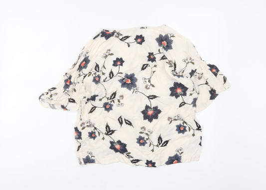 VERO MODA Womens Ivory Floral Viscose Basic Blouse Size M Round Neck - keyhole Neckline
