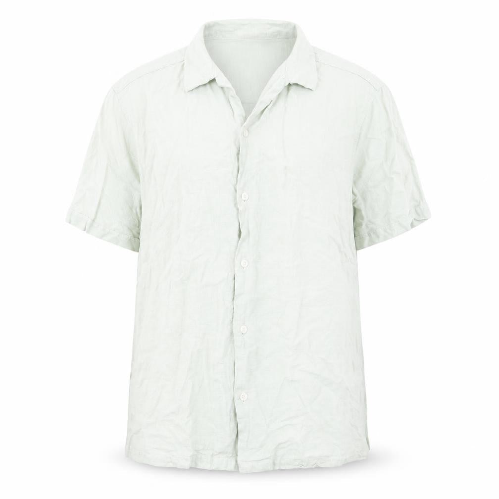 Front view of ASOS men’s green linen button-up, size M, collared button