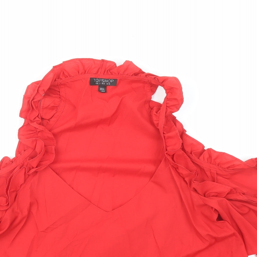 Topshop Womens Red Polyester Basic Blouse Size 10 Boat Neck - Cold Shoulder Detail