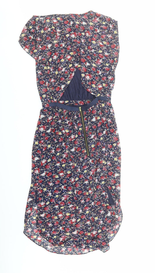 Warehouse Womens Blue Floral Polyester A-Line Size 10 Round Neck Zip - Open Back Detail