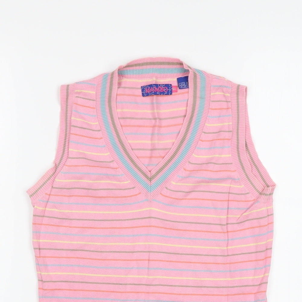 Mambo Womens Pink V-Neck Striped Cotton Vest Jumper Size M