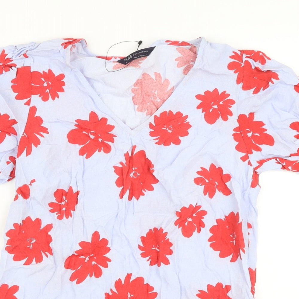 Marks and Spencer Womens Purple Floral Viscose Basic Blouse Size 6 V-Neck