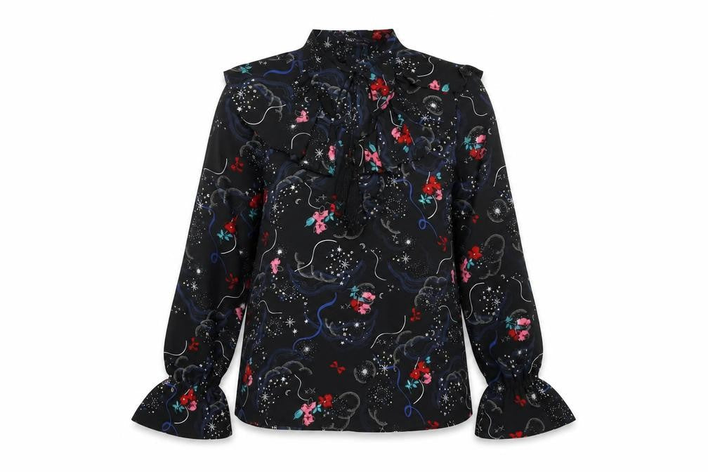 Marks and Spencer Womens Black Floral Polyester Basic Blouse Size 8 V-Neck