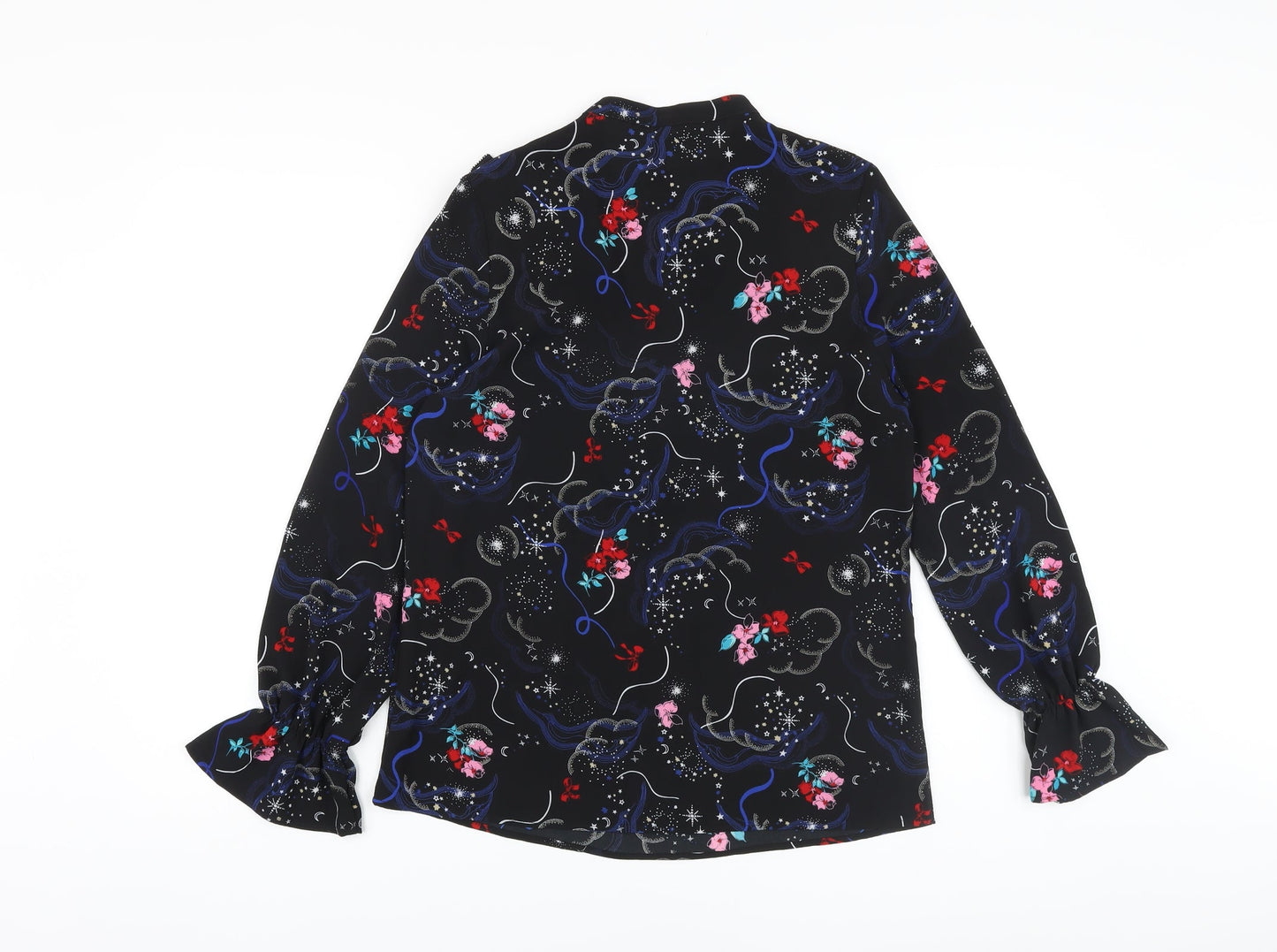 Marks and Spencer Womens Black Floral Polyester Basic Blouse Size 8 V-Neck