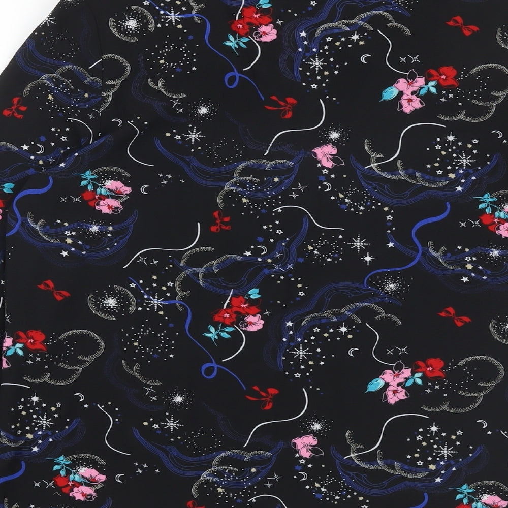 Marks and Spencer Womens Black Floral Polyester Basic Blouse Size 8 V-Neck