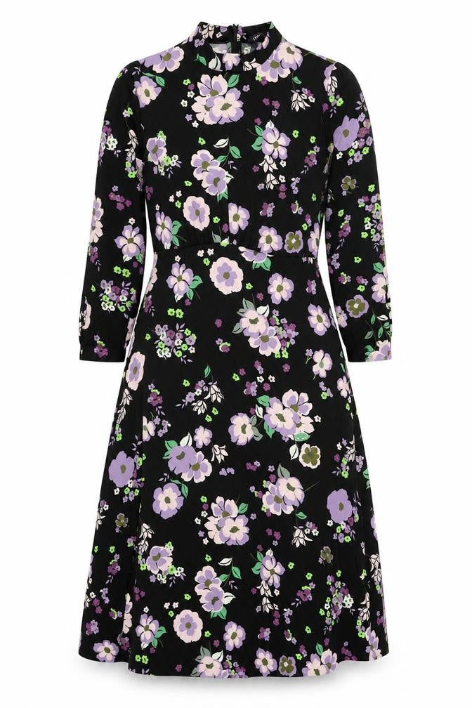 Marks and Spencer Womens Black Floral Polyester A-Line Size 8 Mock Neck Zip