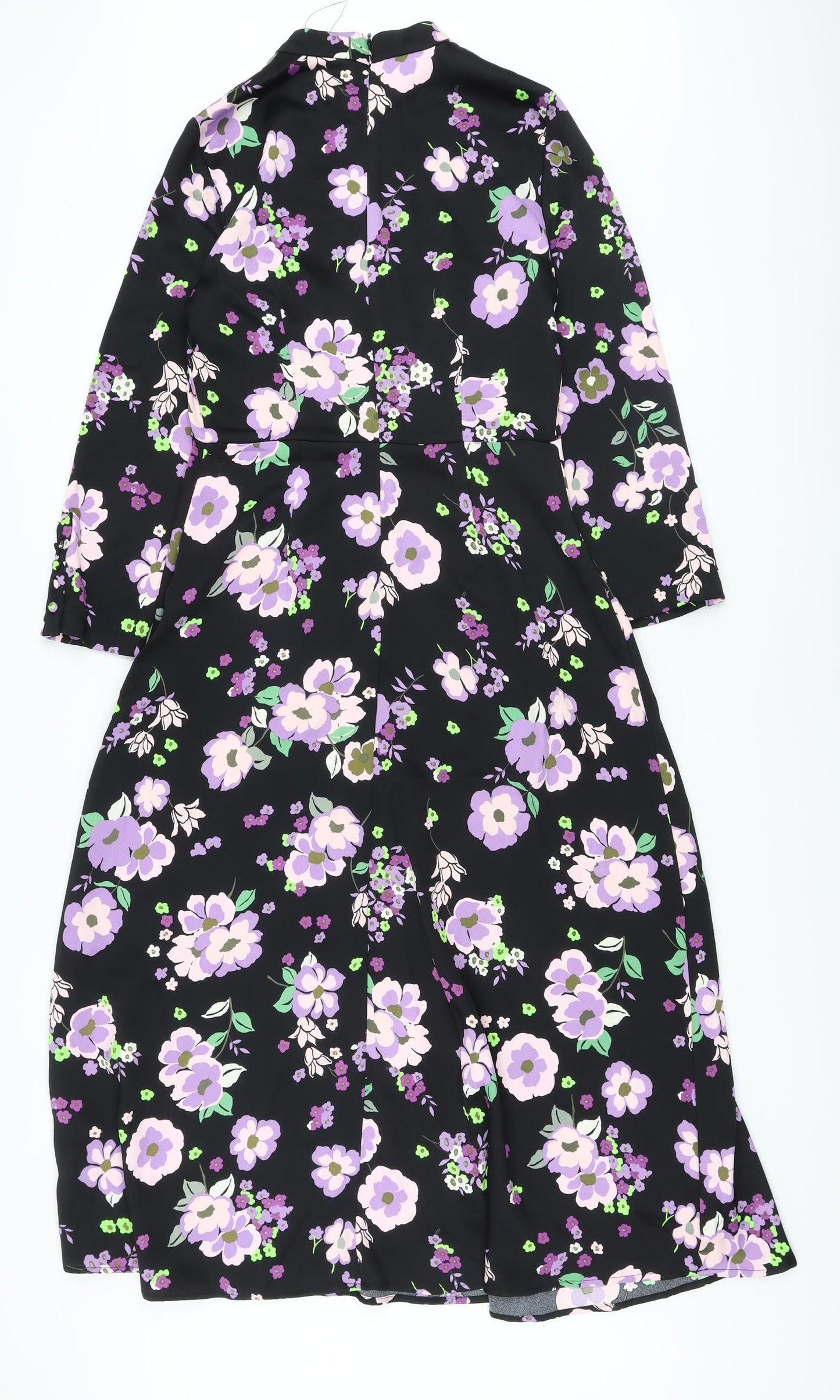 Marks and Spencer Womens Black Floral Polyester A-Line Size 8 Mock Neck Zip