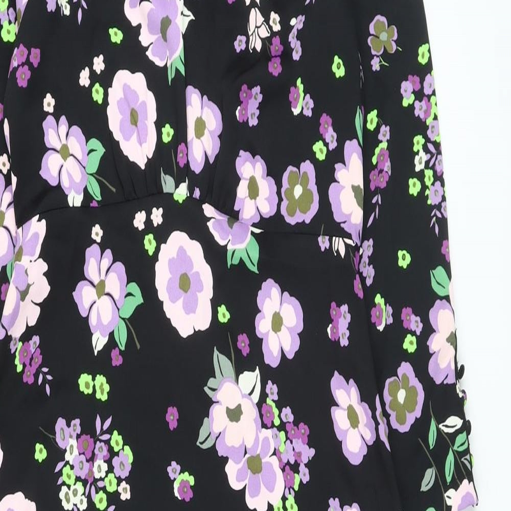 Marks and Spencer Womens Black Floral Polyester A-Line Size 8 Mock Neck Zip